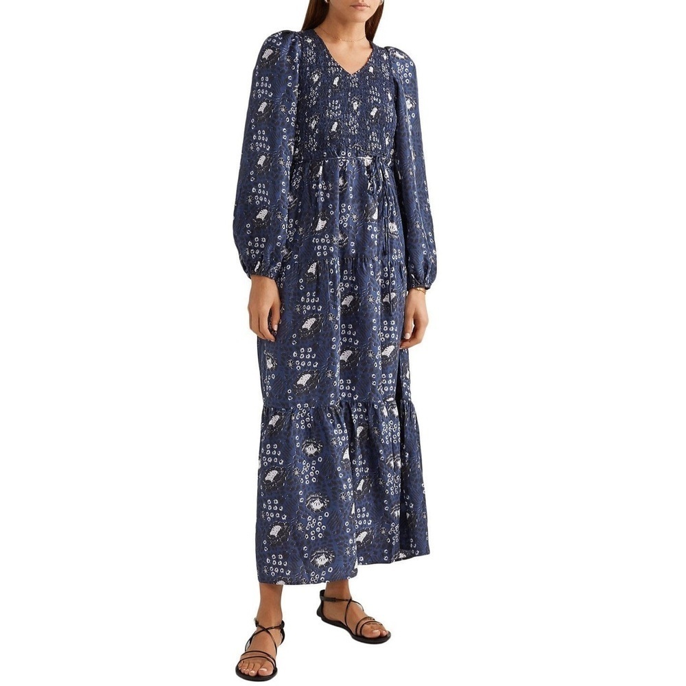 Apiece Apart Olivia Smocked Floral Maxi Dress Size 2 Tiered 100% Silk